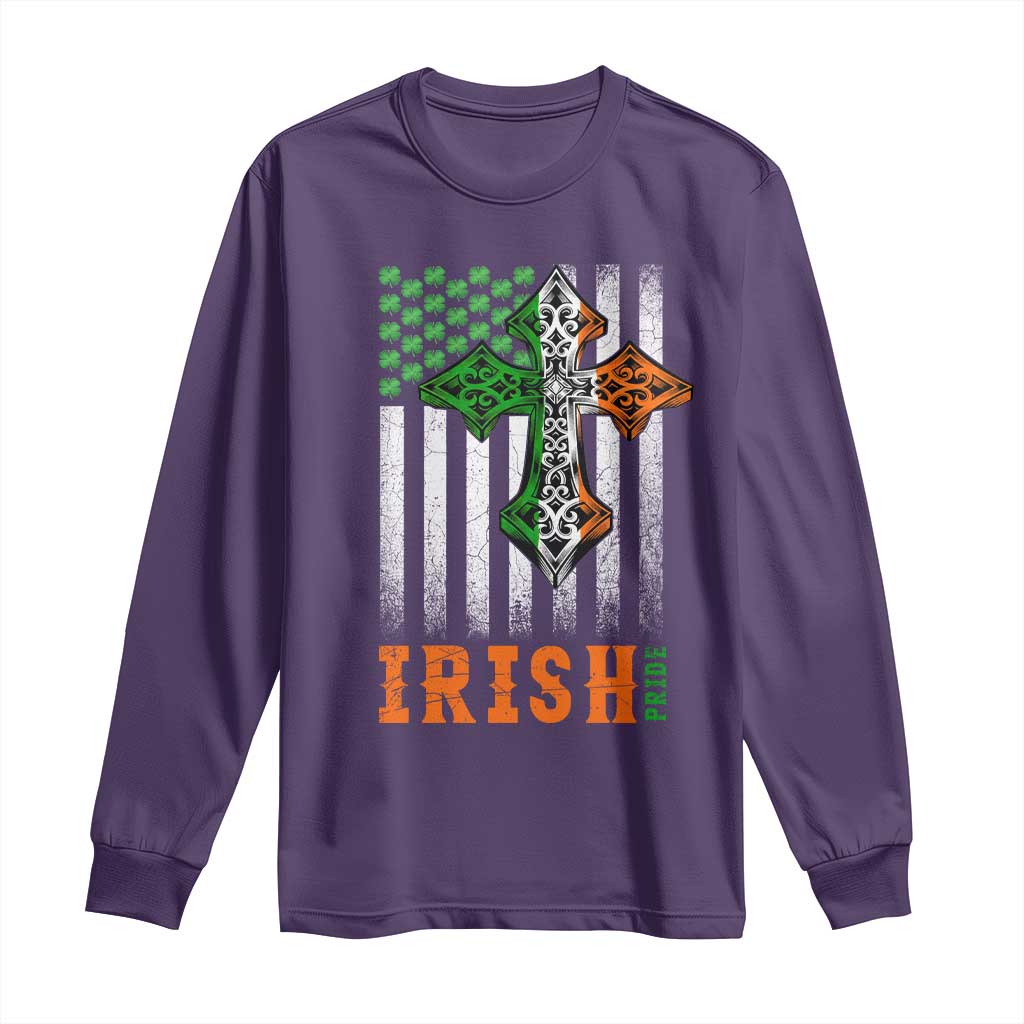 Irish American Pride Celtic Cross USA Flag Long Sleeve Shirt St Patricks Day Gift TS12 Purple Print Your Wear