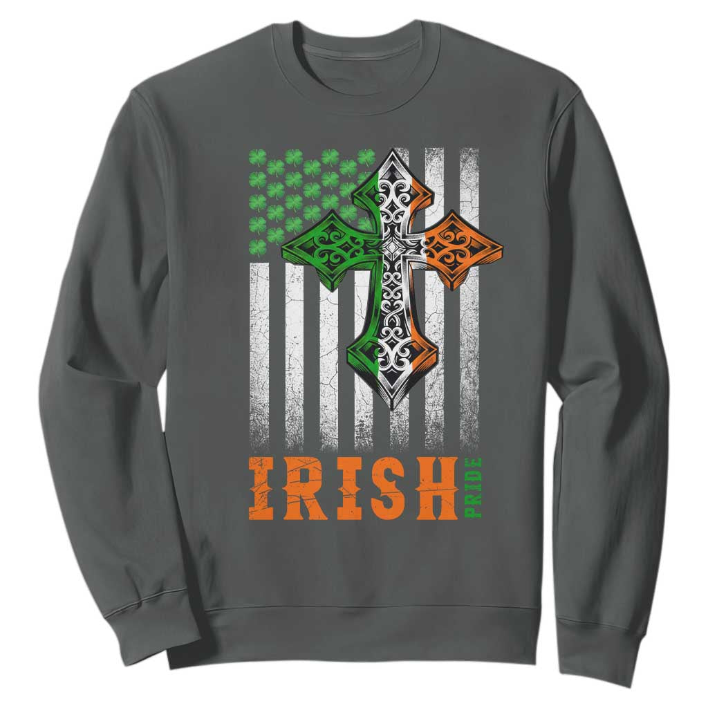 Irish American Pride Celtic Cross USA Flag Sweatshirt St Patricks Day Gift TS12 Dark Heather Print Your Wear