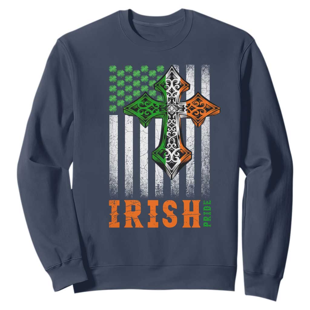 Irish American Pride Celtic Cross USA Flag Sweatshirt St Patricks Day Gift TS12 Navy Print Your Wear