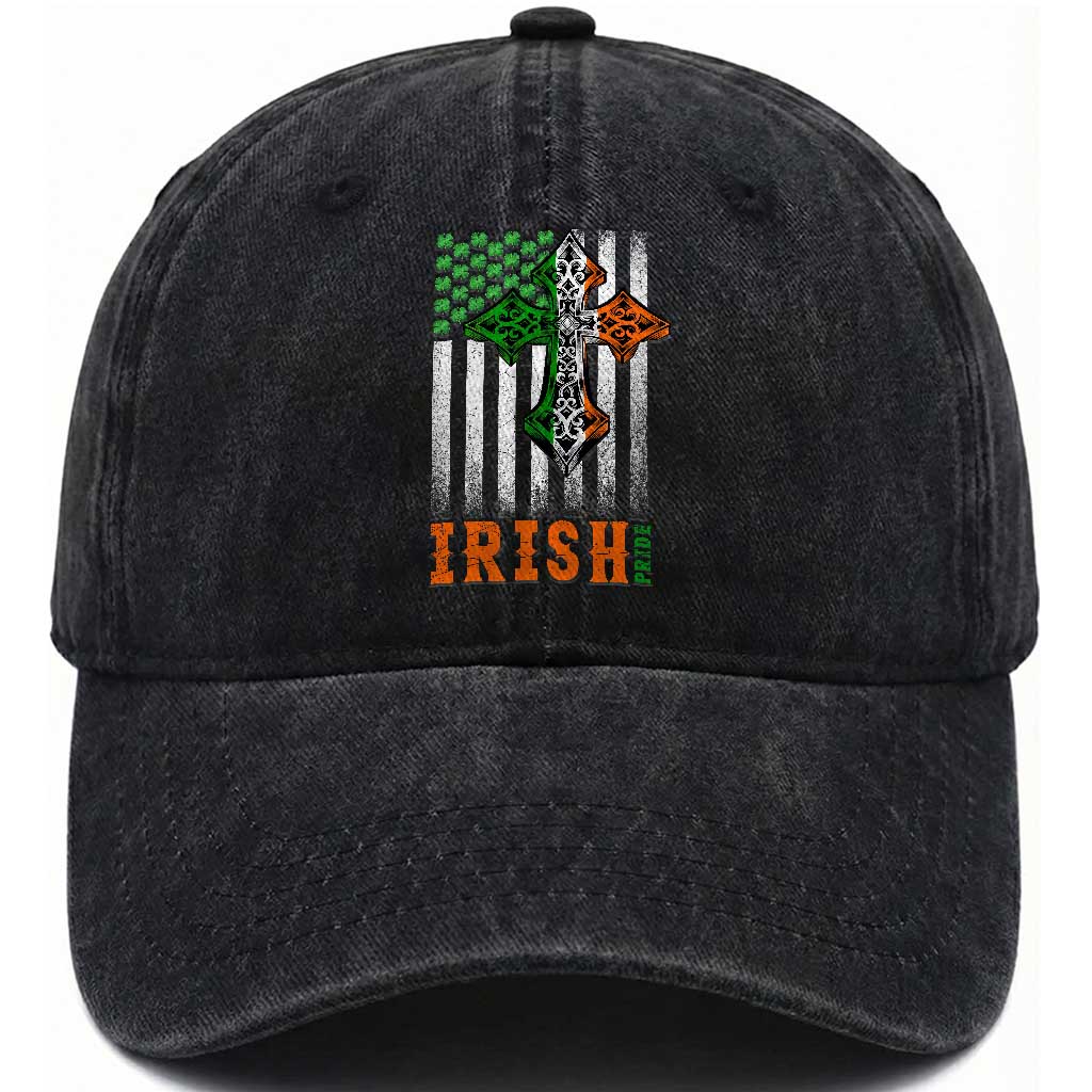 Irish American Pride Celtic Cross USA Flag Washed Cotton Baseball Cap St Patricks Day Gift TS12 Washed Cap Universal Fit Black Print Your Wear
