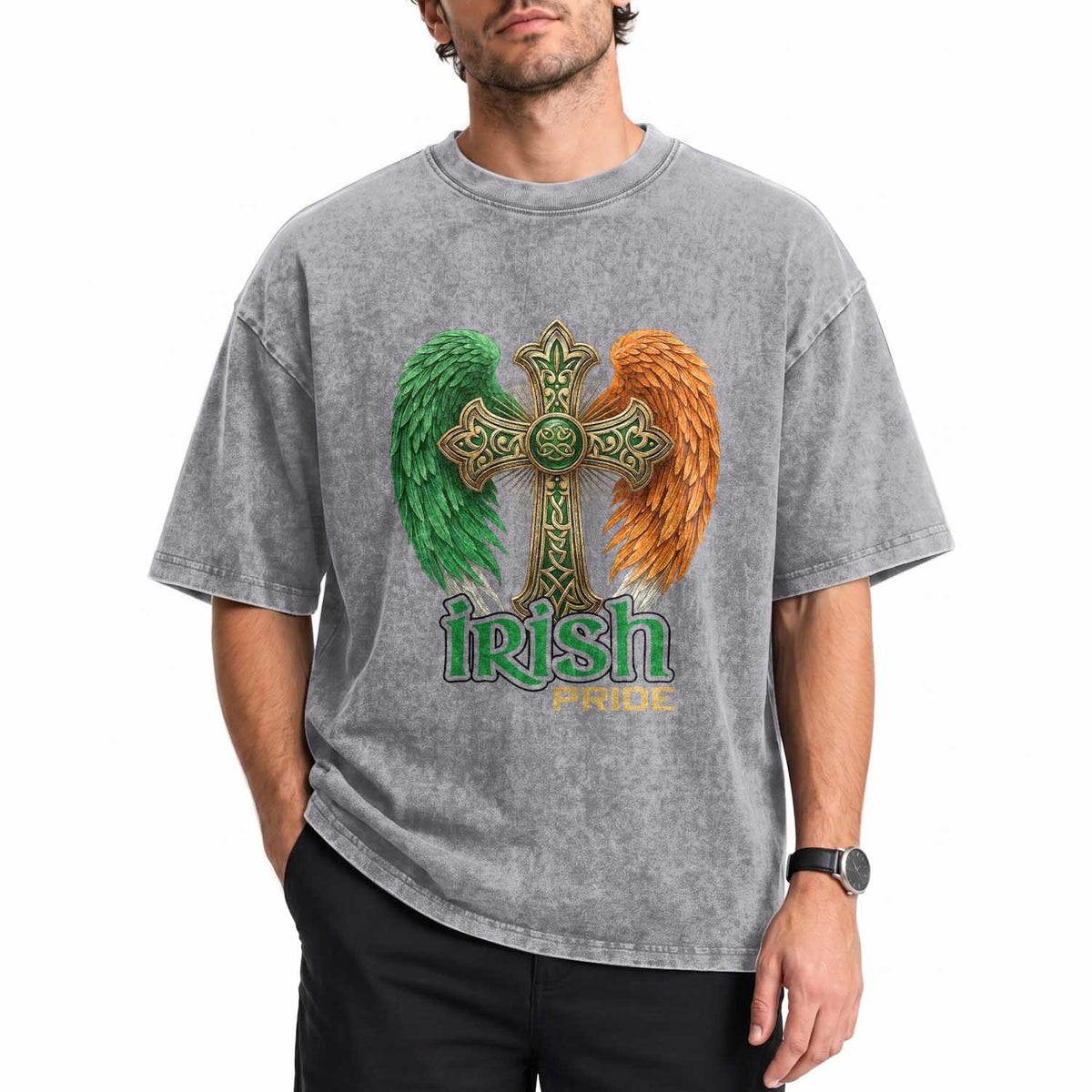 Irish Pride Celtic Cross Washed Cotton T-Shirt Christian Gift