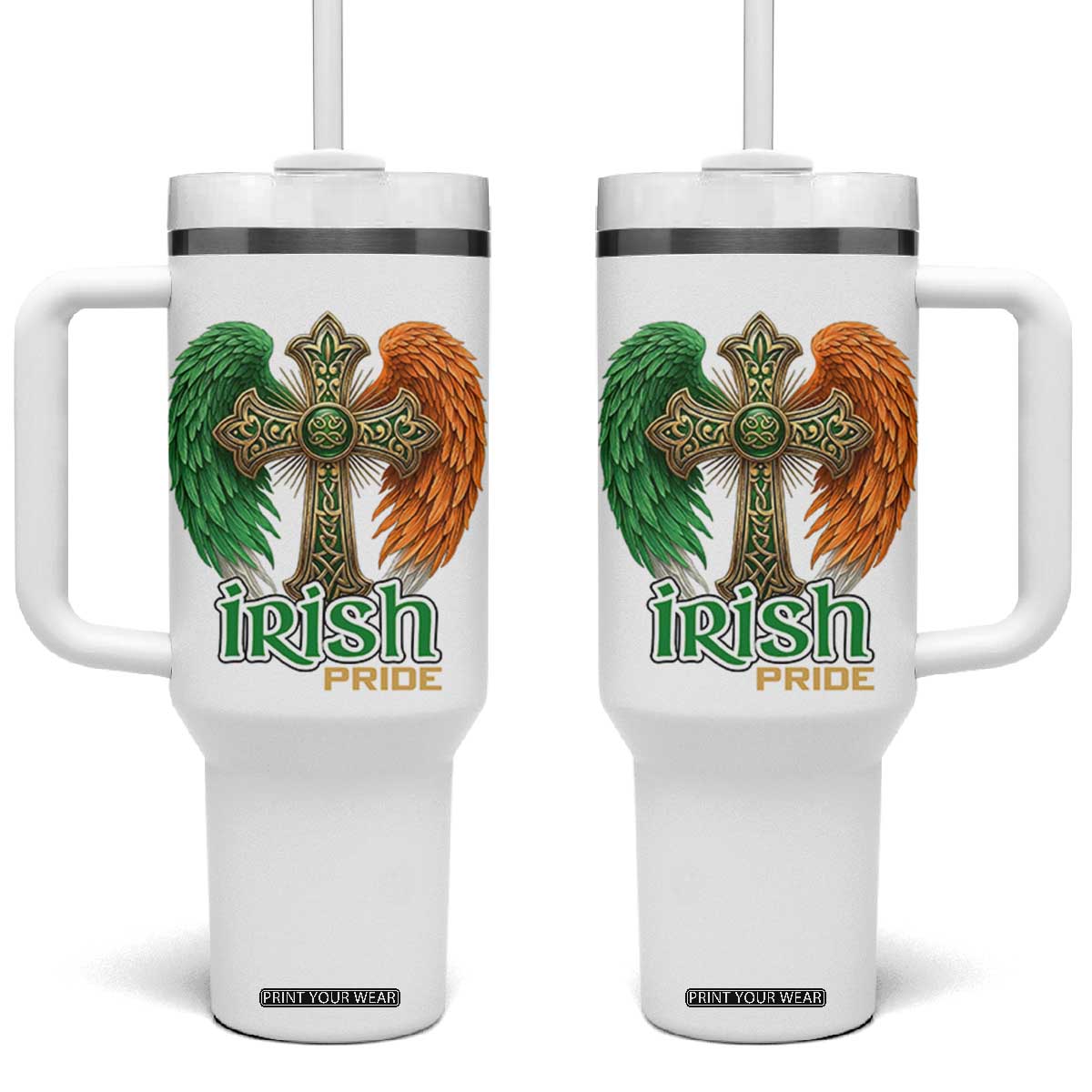 Irish Pride Celtic Cross Tumbler With Handle Christian Gift TS12 One Size: 40 oz White Print Your Wear
