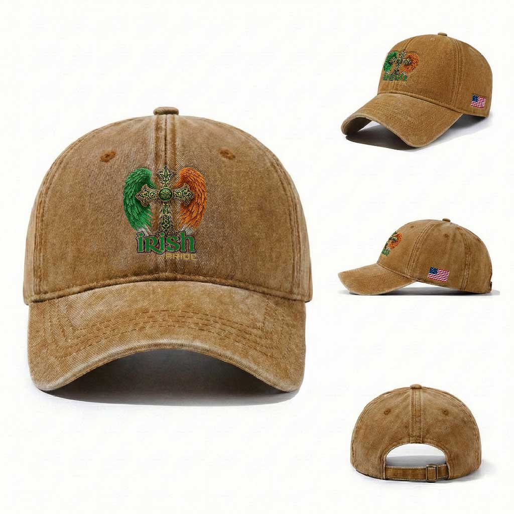 Irish Pride Celtic Cross Washed Cotton Baseball Cap Christian Gift TS12 Washed Cap Universal Fit Yellow Ochre Print Your Wear