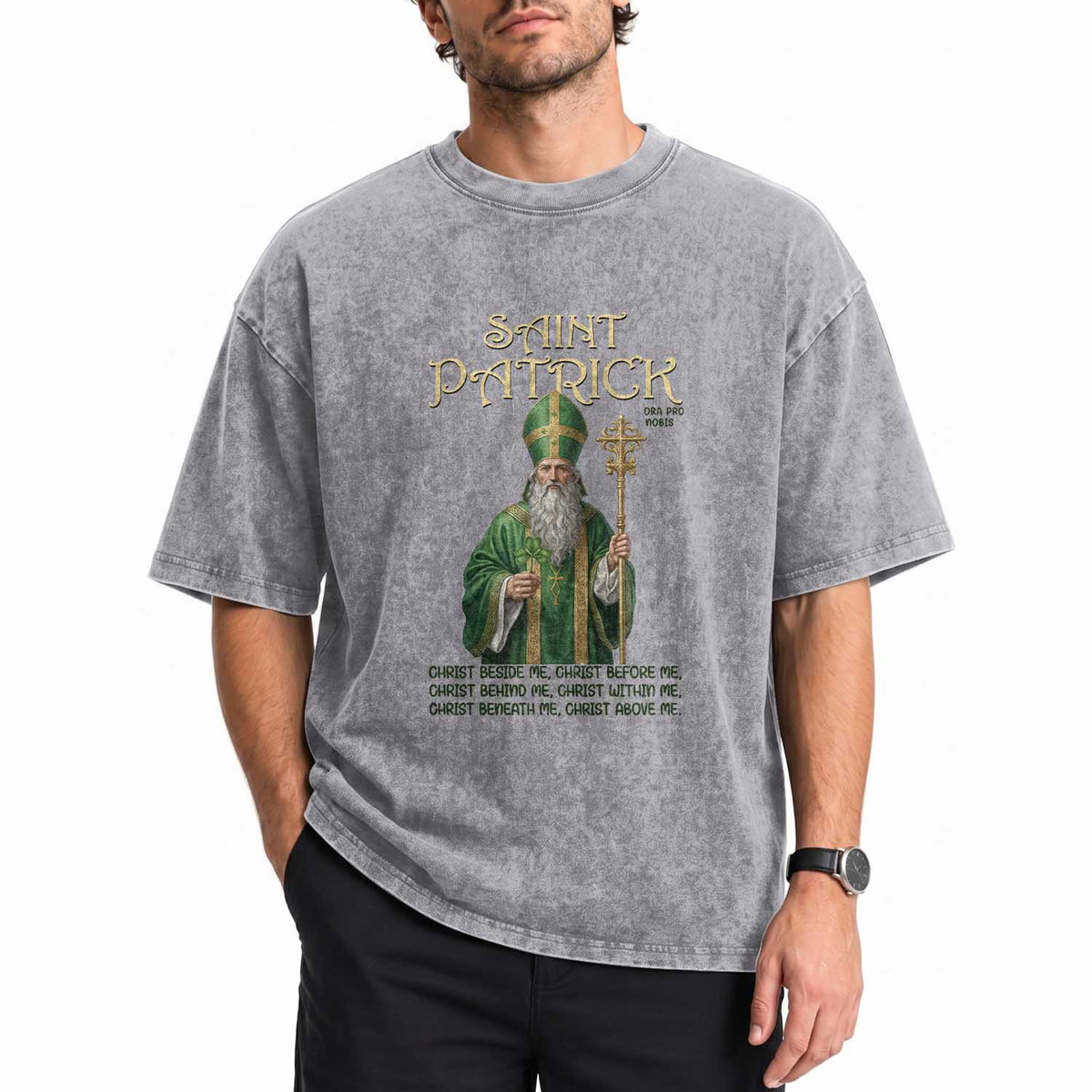 Saint Patrick Ora Pro Nobis Washed Cotton T-Shirt Irish Christian Prayer