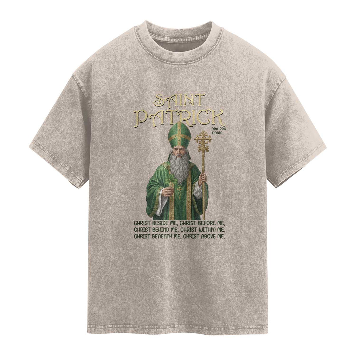 Saint Patrick Ora Pro Nobis Washed Cotton T-Shirt Irish Christian Prayer