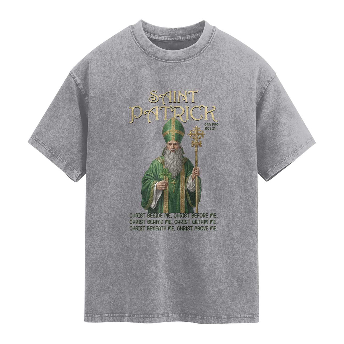 Saint Patrick Ora Pro Nobis Washed Cotton T-Shirt Irish Christian Prayer