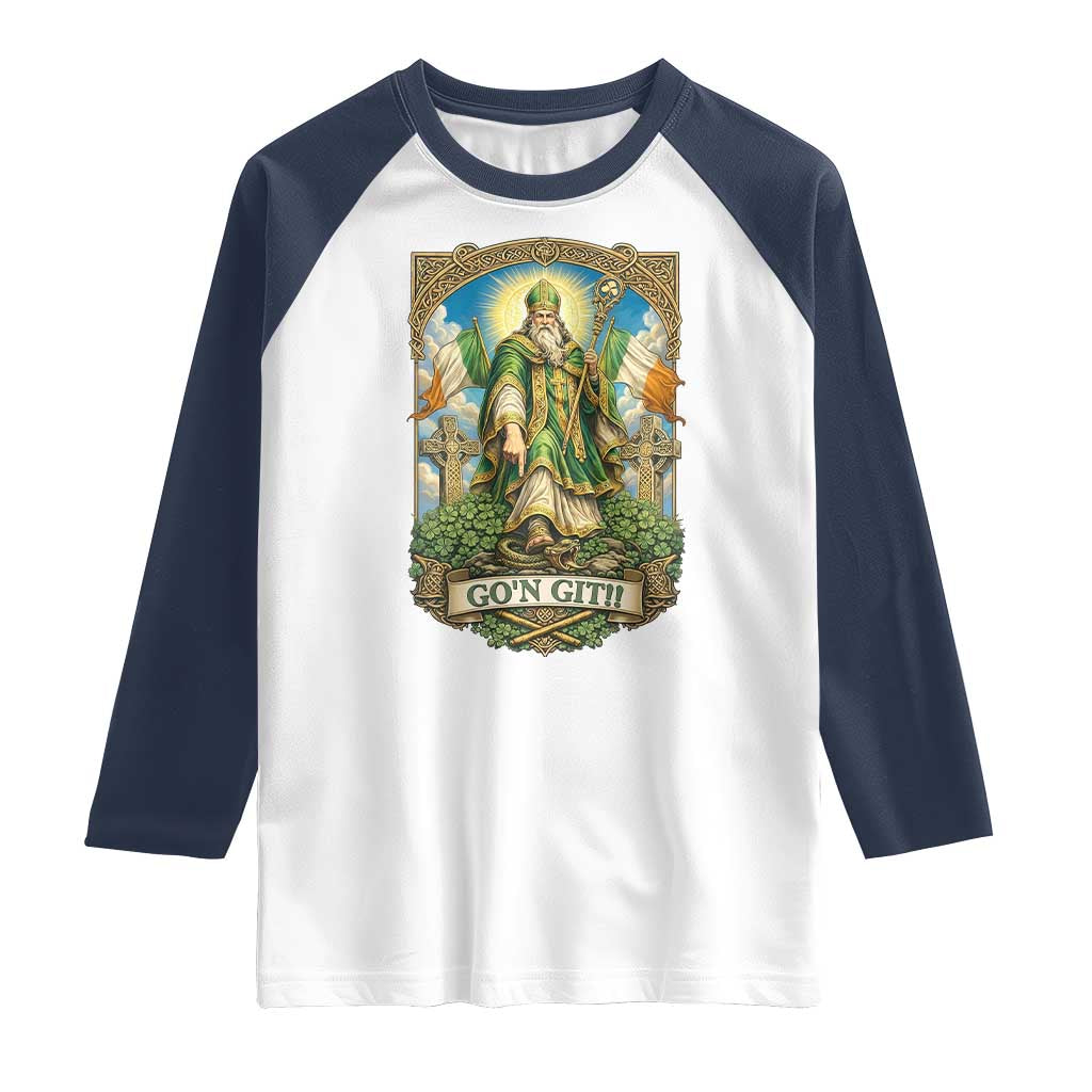 Funny Saint Patrick Go'n Git Snake Raglan Shirt St Patricks Day TS12 White Navy Print Your Wear