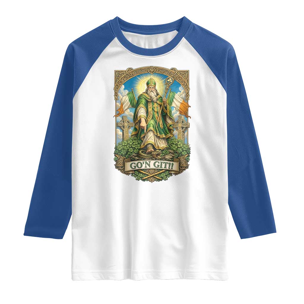 Funny Saint Patrick Go'n Git Snake Raglan Shirt St Patricks Day TS12 White Royal Print Your Wear