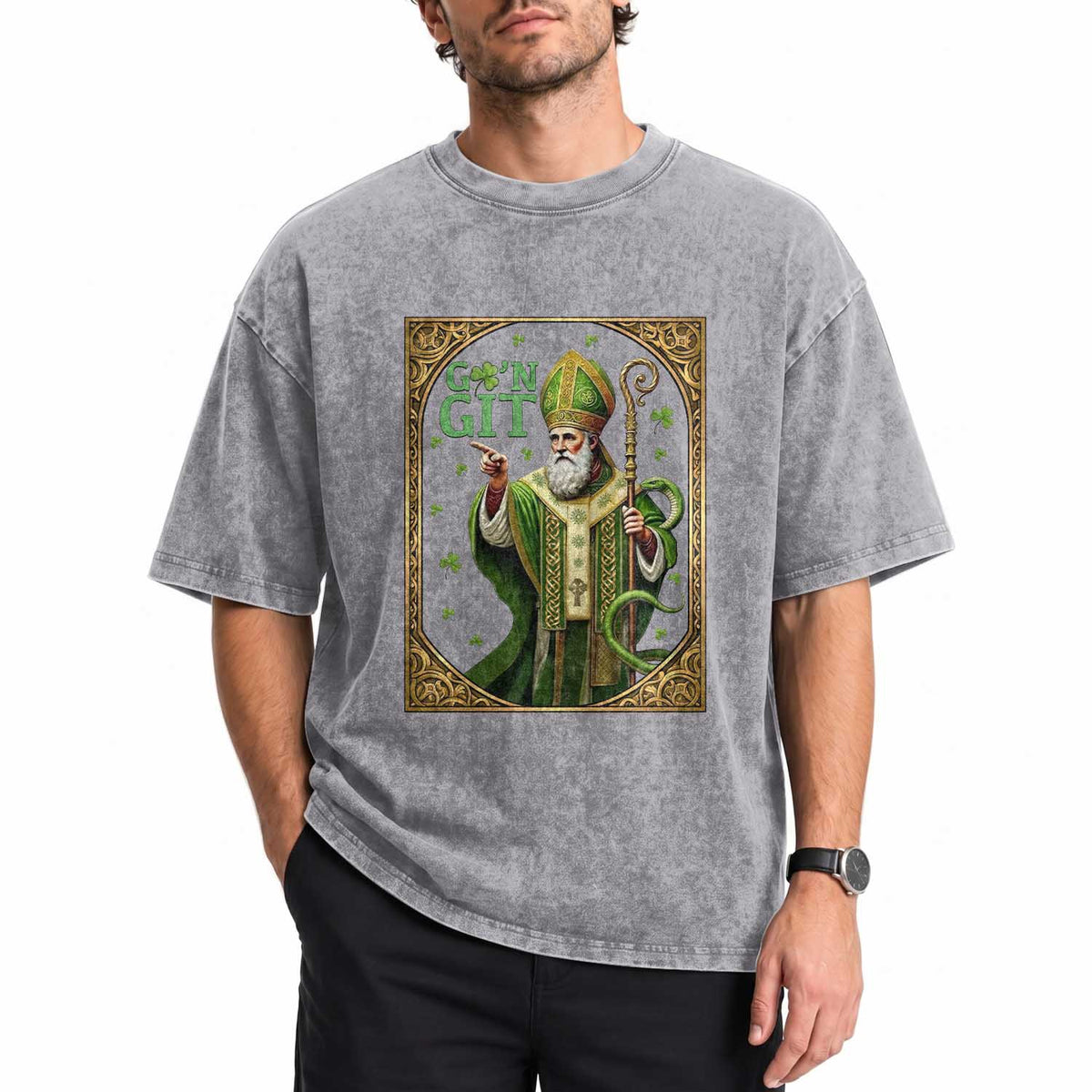 Saint Patrick Go'n Git Washed Cotton T-Shirt Funny St Patricks Day Snake Legend