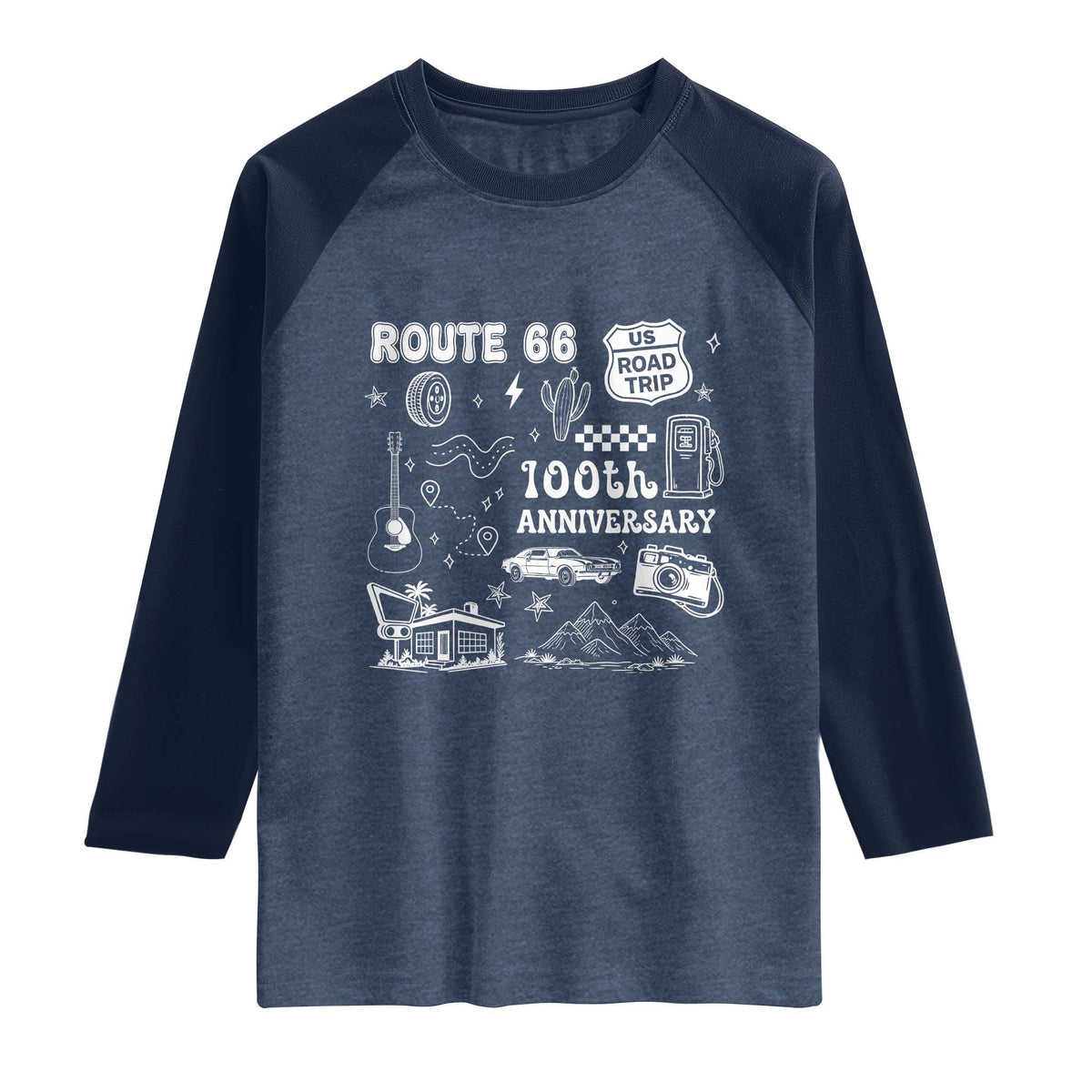 Route Highway 66 100th Anniversary Raglan Shirt The Mother Road Centennial TS12 Heather Denim Navy Print Your Wear