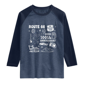 Route Highway 66 100th Anniversary Raglan Shirt The Mother Road Centennial TS12 Heather Denim Navy Print Your Wear