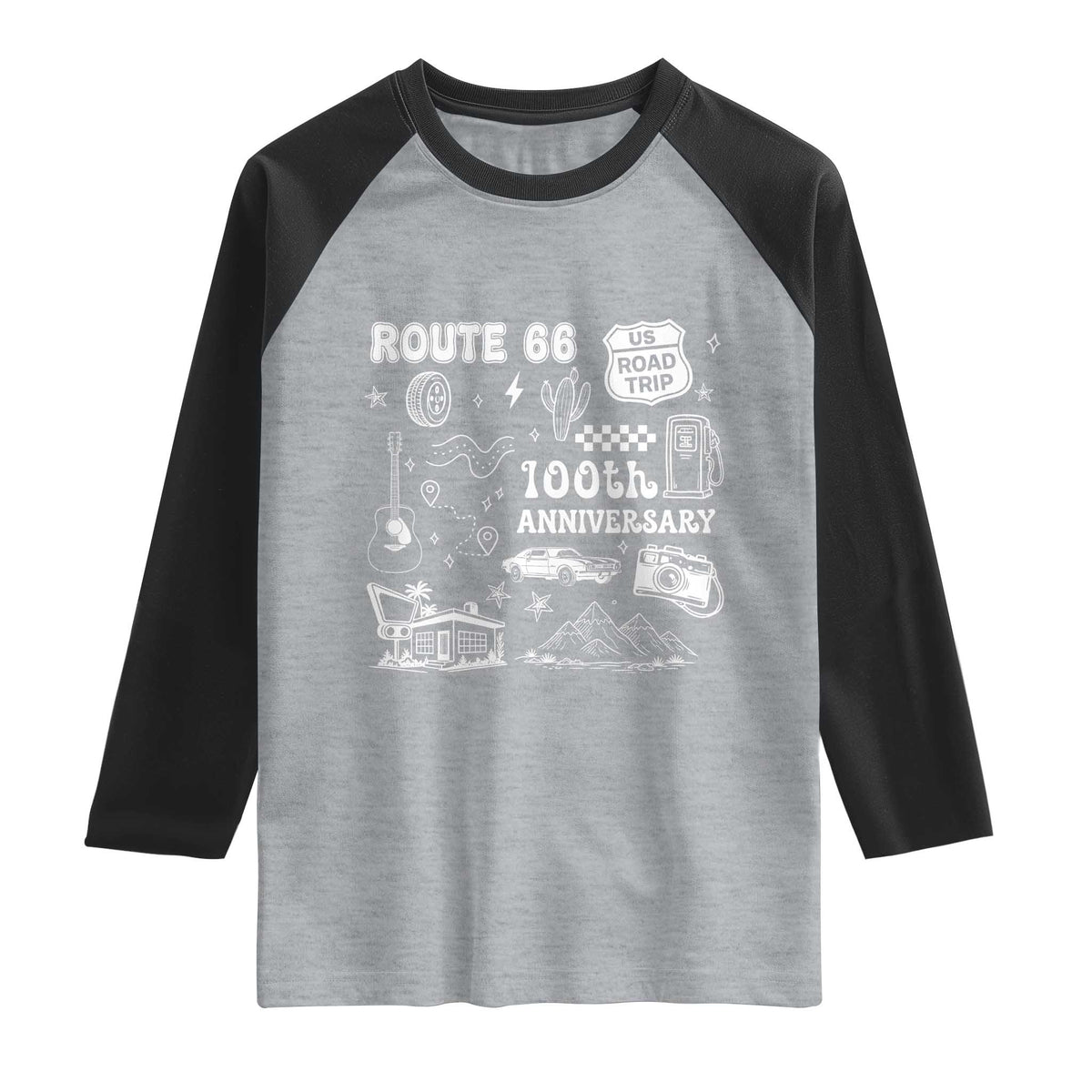 Route Highway 66 100th Anniversary Raglan Shirt The Mother Road Centennial TS12 Heather Gray Black Print Your Wear