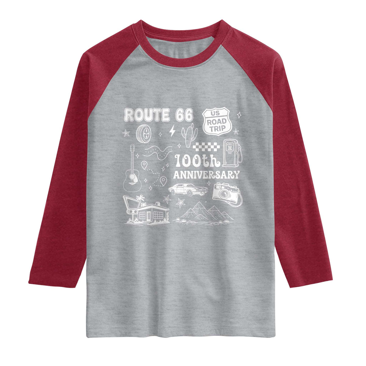Route Highway 66 100th Anniversary Raglan Shirt The Mother Road Centennial TS12 Heather Gray Heather Red Print Your Wear
