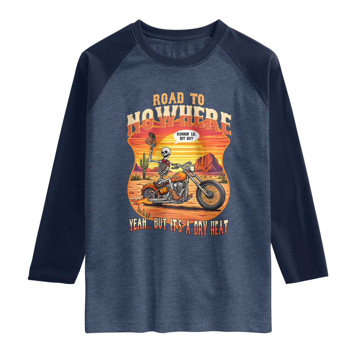 Funny Route Highway 66 Biker Skeleton Raglan Shirt Road To Adventure TS12 Heather Denim Navy Print Your Wear