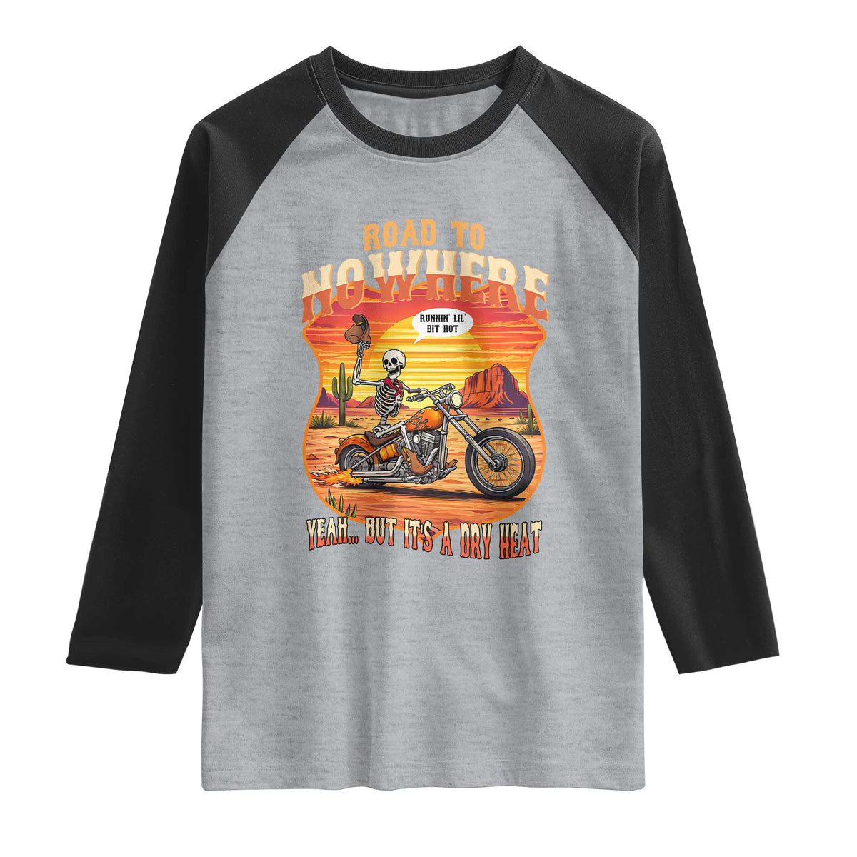 Funny Route Highway 66 Biker Skeleton Raglan Shirt Road To Adventure TS12 Heather Gray Black Print Your Wear