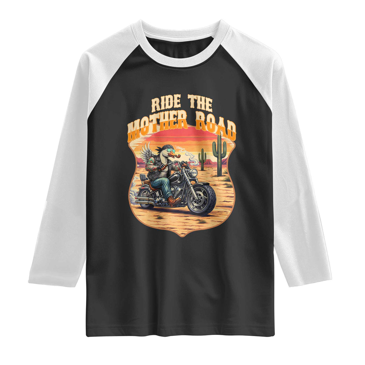 Funny Route Highway 66 Goose Biker Raglan Shirt Ride The Mother Road TS12 Black White Print Your Wear