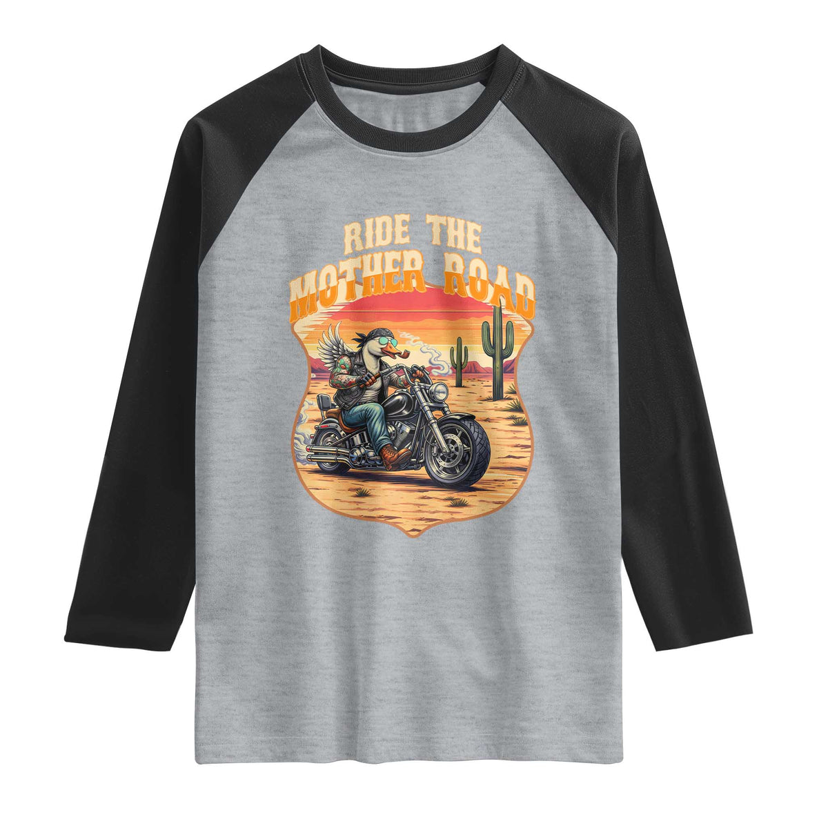Funny Route Highway 66 Goose Biker Raglan Shirt Ride The Mother Road TS12 Heather Gray Black Print Your Wear