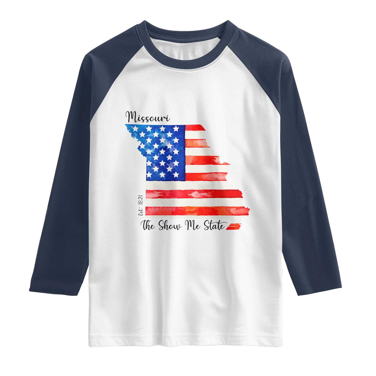 The Show Me State Est 1821 Raglan Shirt Proud Missourian Gift TS12 White Navy Print Your Wear