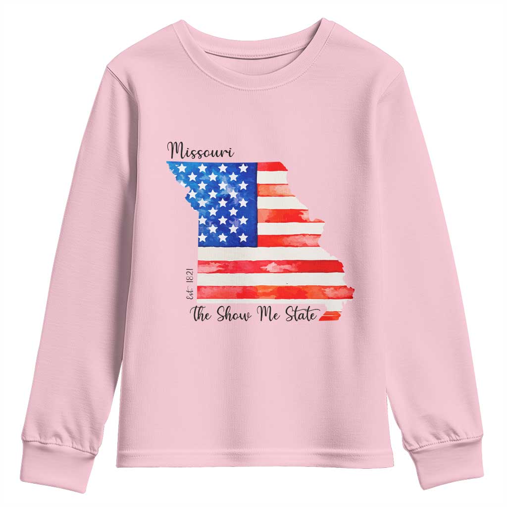 The Show Me State Est 1821 Youth Sweatshirt Proud Missourian Gift TS12 Light Pink Print Your Wear