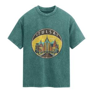 Vintage Tulsa Oklahoma Cityscape Pride Washed Cotton T-Shirt