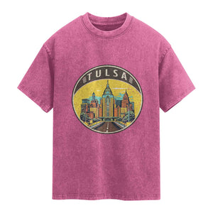 Vintage Tulsa Oklahoma Cityscape Pride Washed Cotton T-Shirt