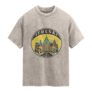 Vintage Tulsa Oklahoma Cityscape Pride Washed Cotton T-Shirt