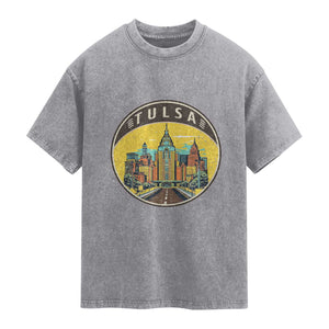 Vintage Tulsa Oklahoma Cityscape Pride Washed Cotton T-Shirt