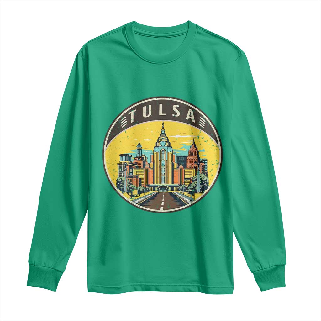 Vintage Tulsa Oklahoma Cityscape Pride Long Sleeve Shirt TS12 Irish Green Print Your Wear
