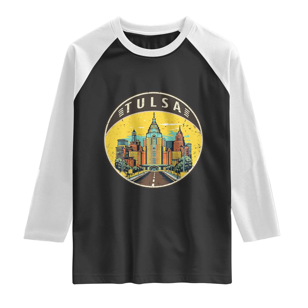 Vintage Tulsa Oklahoma Cityscape Pride Raglan Shirt TS12 Black White Print Your Wear