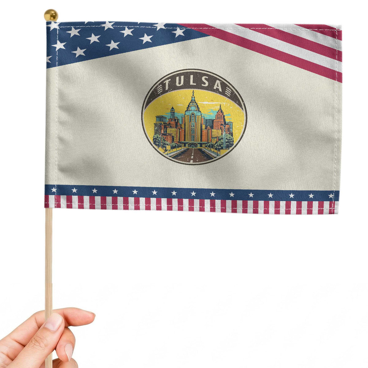 Vintage Tulsa Oklahoma Cityscape Pride Patriotic Handheld Flag TS12 Modern 8.2