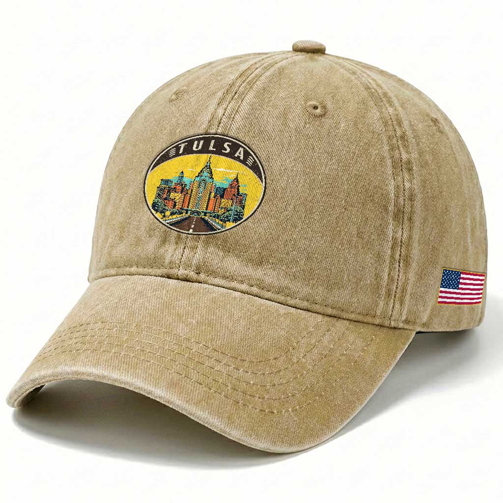 Vintage Tulsa Oklahoma Cityscape Pride Washed Cotton Baseball Cap TS12 Print Your Wear