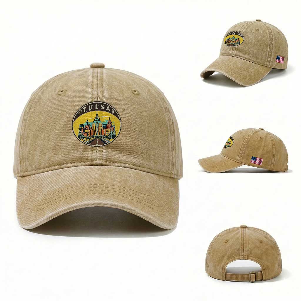 Vintage Tulsa Oklahoma Cityscape Pride Washed Cotton Baseball Cap TS12 Washed Cap Universal Fit Khaki Print Your Wear