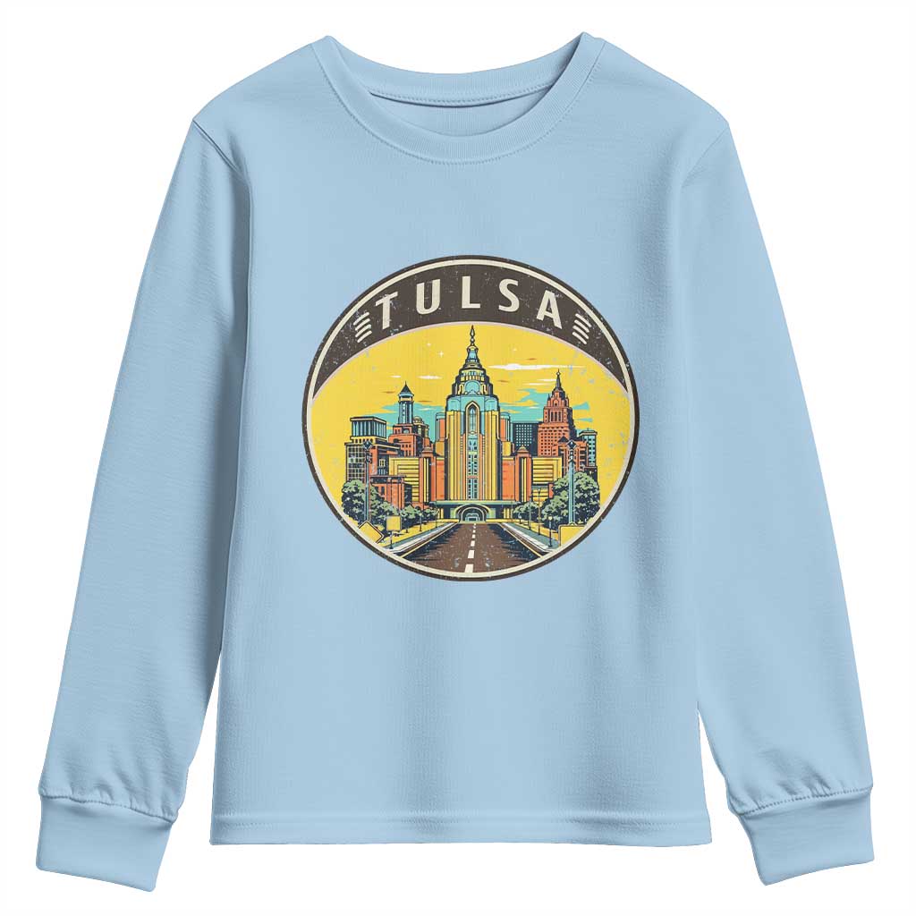 Vintage Tulsa Oklahoma Cityscape Pride Youth Sweatshirt TS12 Light Blue Print Your Wear