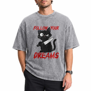 Killer Black Cat Halloween Washed Cotton T-Shirt Follow Your Dreams
