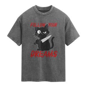 Killer Black Cat Halloween Washed Cotton T-Shirt Follow Your Dreams