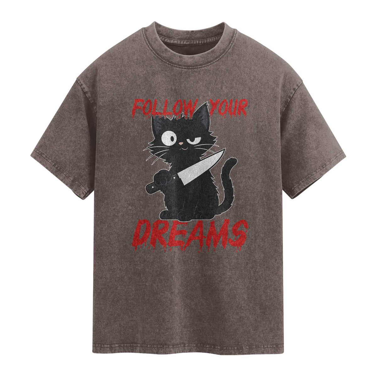 Killer Black Cat Halloween Washed Cotton T-Shirt Follow Your Dreams