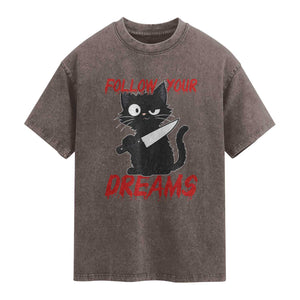 Killer Black Cat Halloween Washed Cotton T-Shirt Follow Your Dreams