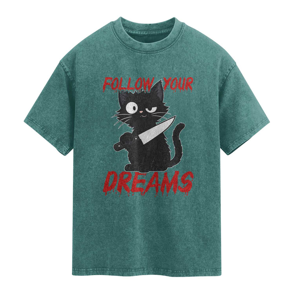 Killer Black Cat Halloween Washed Cotton T-Shirt Follow Your Dreams