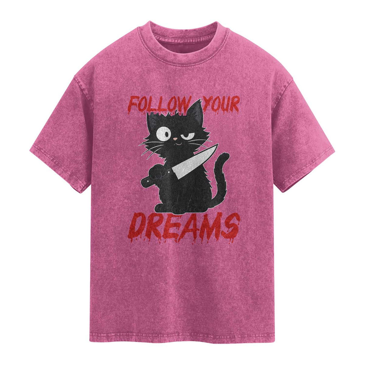 Killer Black Cat Halloween Washed Cotton T-Shirt Follow Your Dreams