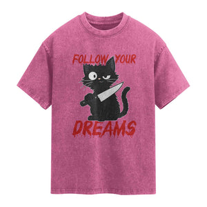 Killer Black Cat Halloween Washed Cotton T-Shirt Follow Your Dreams