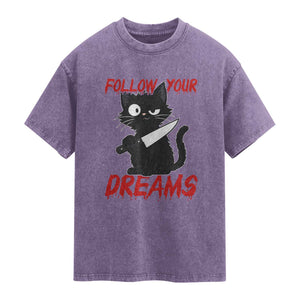 Killer Black Cat Halloween Washed Cotton T-Shirt Follow Your Dreams