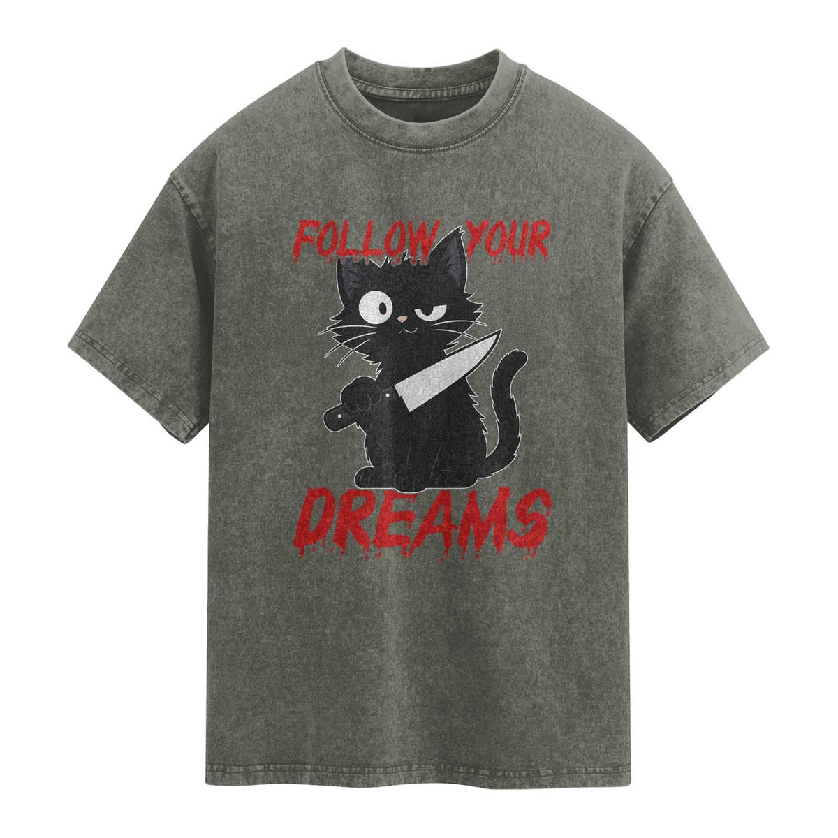 Killer Black Cat Halloween Washed Cotton T-Shirt Follow Your Dreams