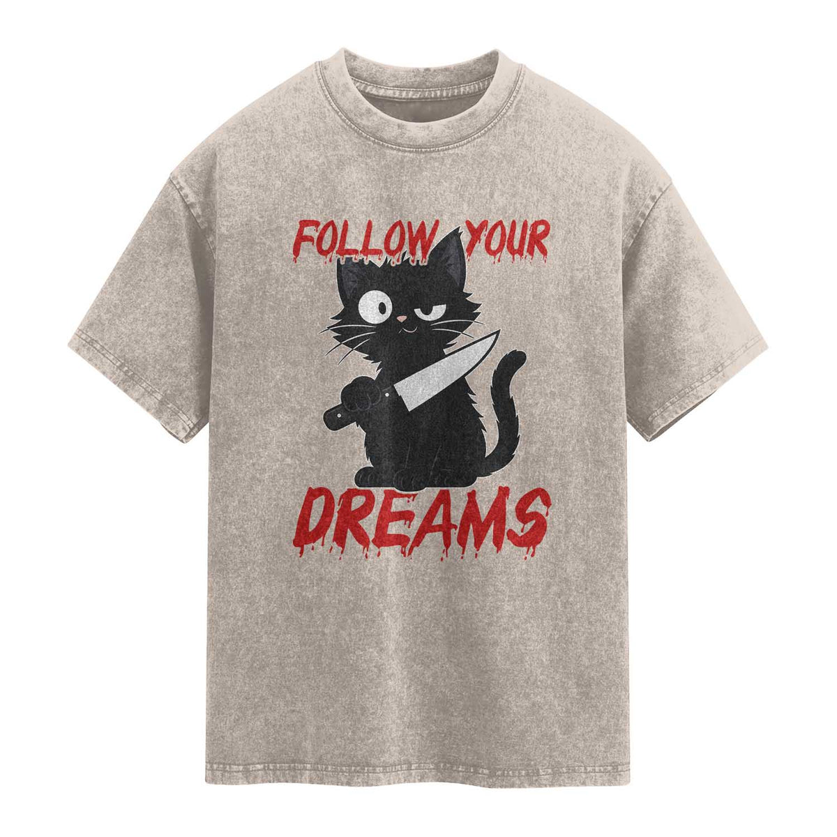 Killer Black Cat Halloween Washed Cotton T-Shirt Follow Your Dreams
