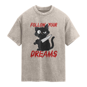 Killer Black Cat Halloween Washed Cotton T-Shirt Follow Your Dreams