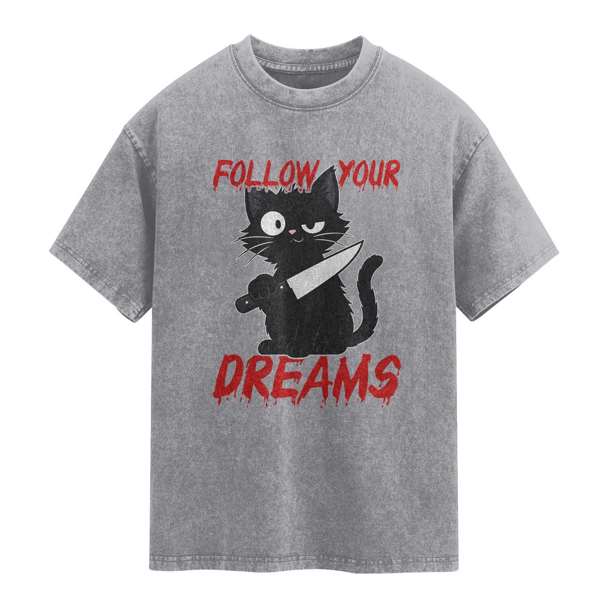 Killer Black Cat Halloween Washed Cotton T-Shirt Follow Your Dreams