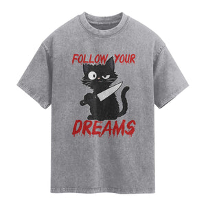 Killer Black Cat Halloween Washed Cotton T-Shirt Follow Your Dreams