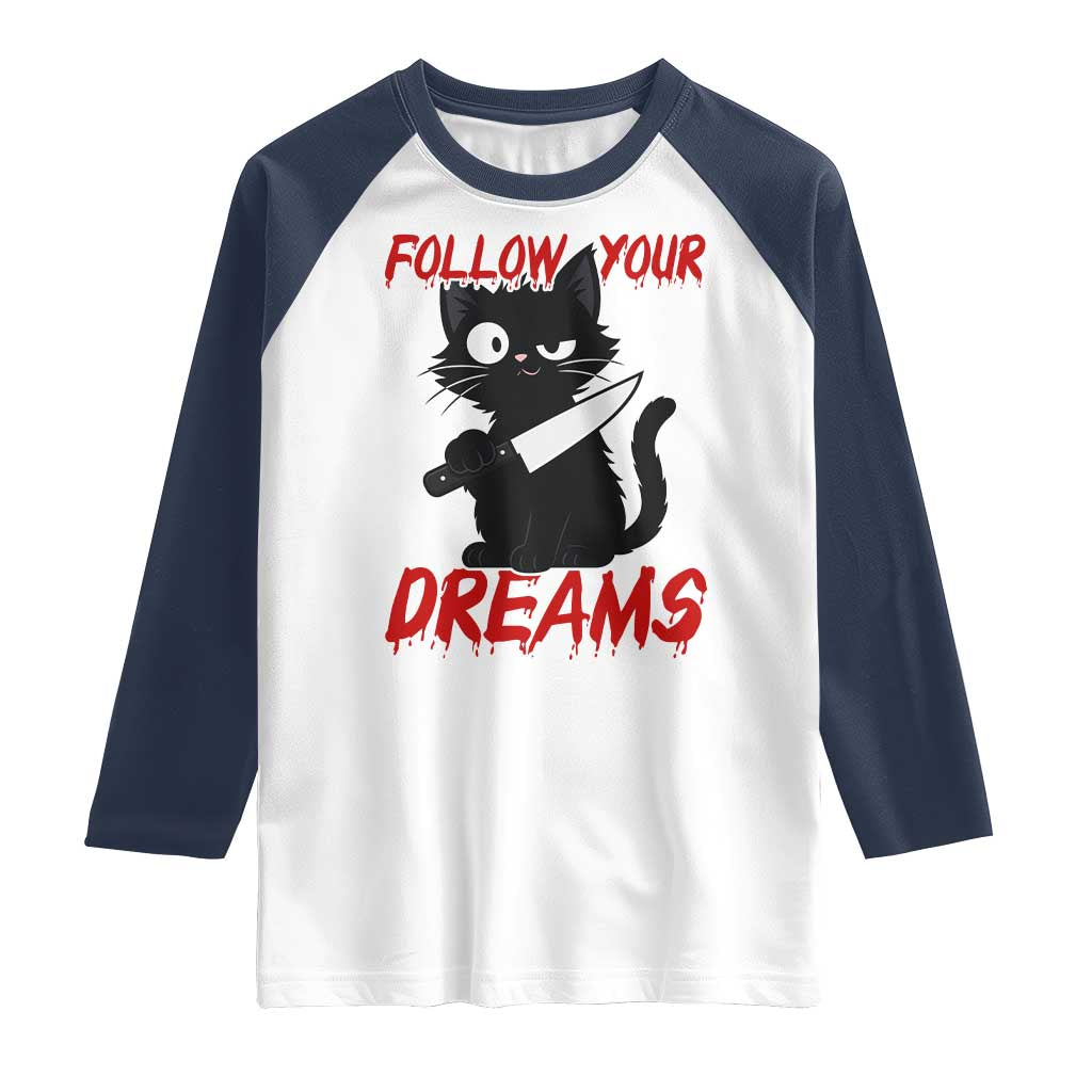 Killer Black Cat Halloween Raglan Shirt Follow Your Dreams TS12 White Navy Print Your Wear