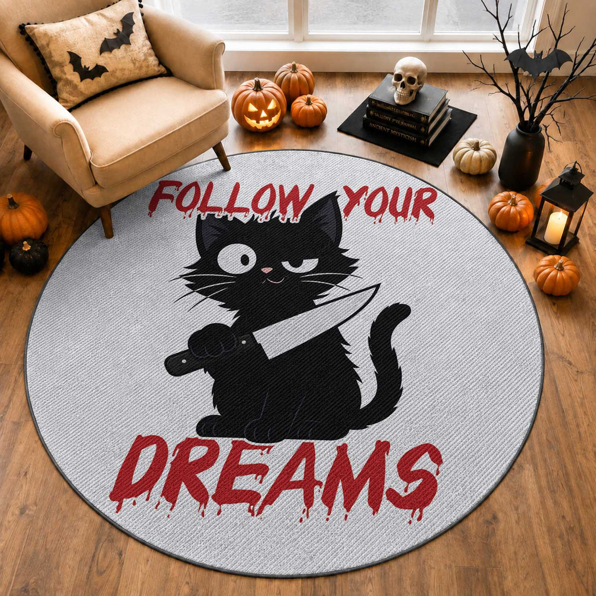 Killer Black Cat Halloween Round Rug Follow Your Dreams