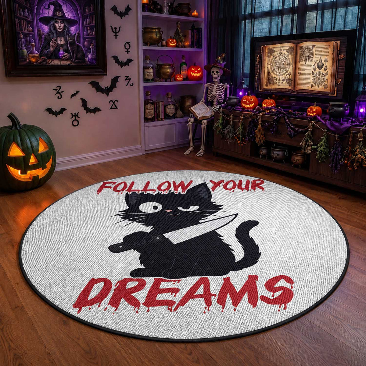 Killer Black Cat Halloween Round Rug Follow Your Dreams