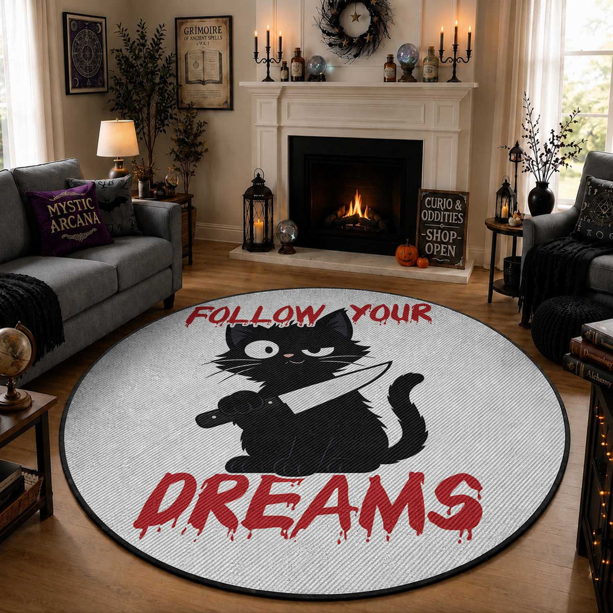 Killer Black Cat Halloween Round Rug Follow Your Dreams